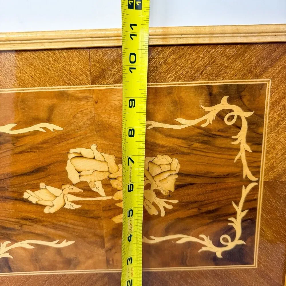 Vintage Wood Marquetry Serving Tray Floral Rose Inlay Wood Handles